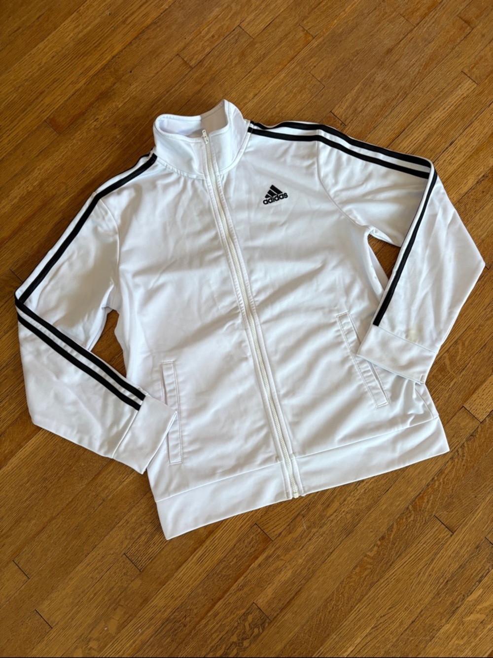 adidas Kid’s Large Bright White Full-Zip Jacket with Black Stripe Detail